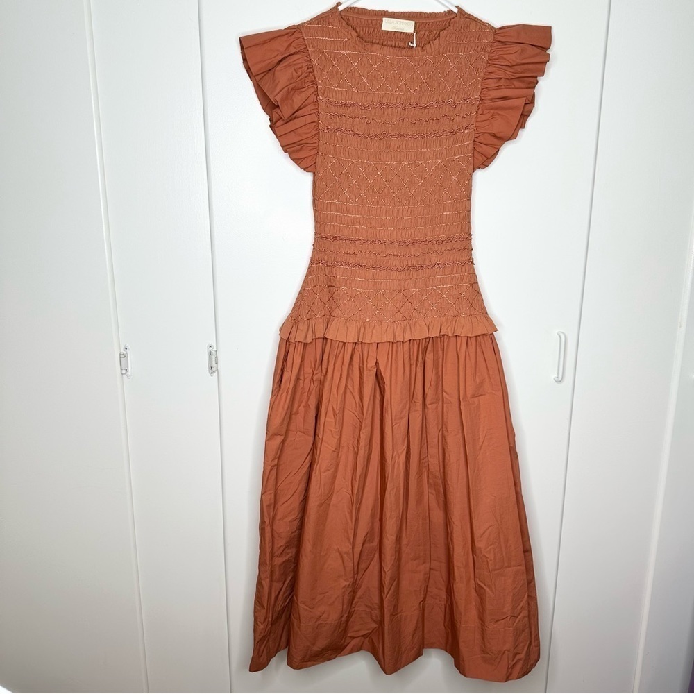 NWT ULLA JOHNSON Madeline Ruffled Smocked Midi Dress Size 6 - Picture 3 of 14